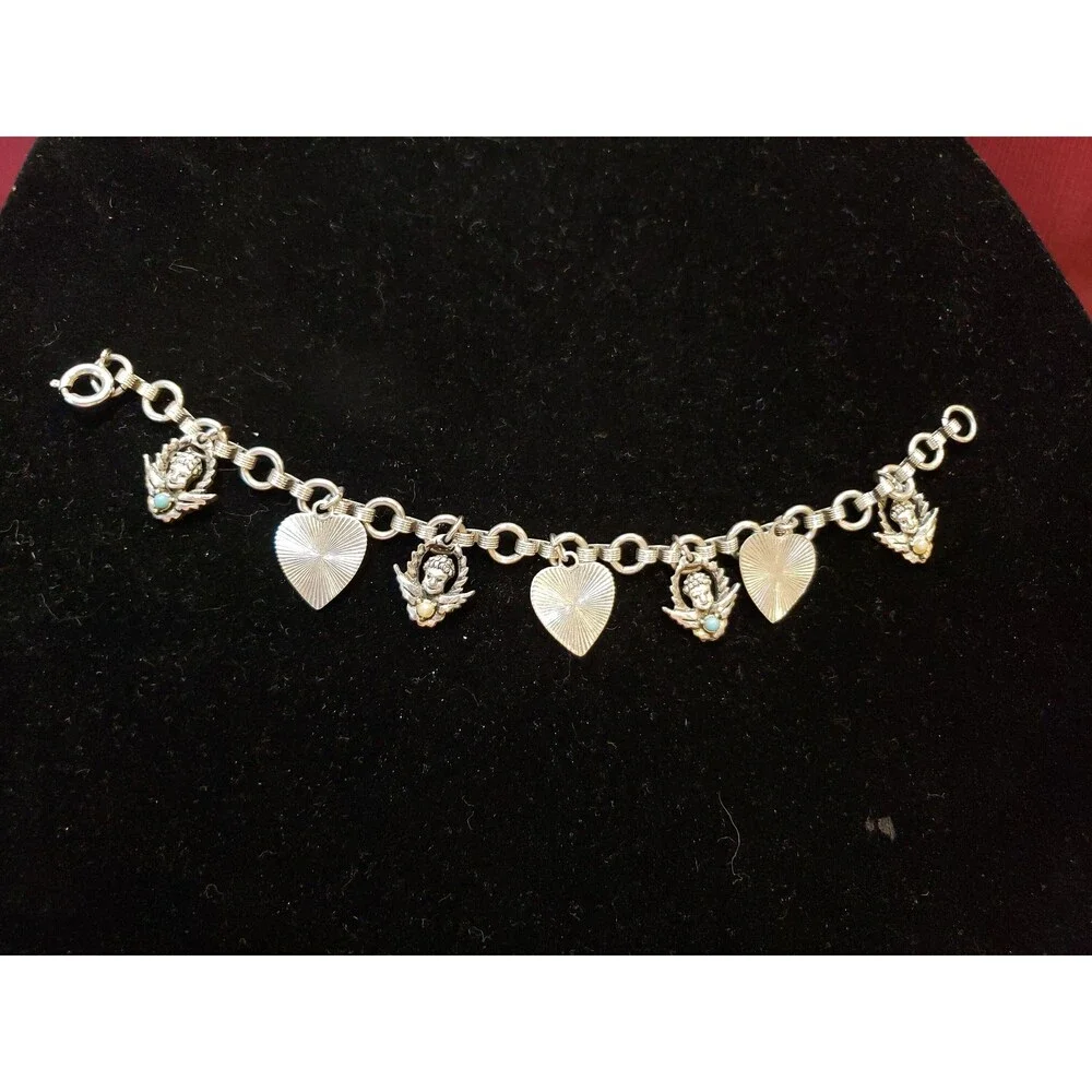 Vintage Unsigned Angel And Heart Silver Tone Charm Bracelet With Solid Clasp